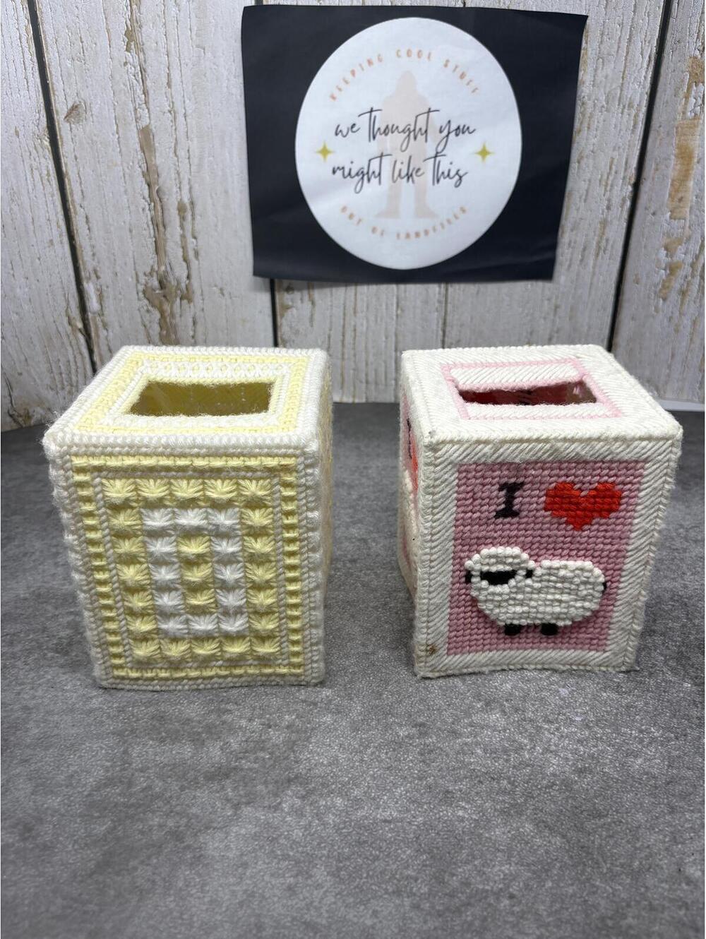 Vintage 80s Handmade Yarn Needlepoint Tissue Box Covers Sheep Cottagecore Pair